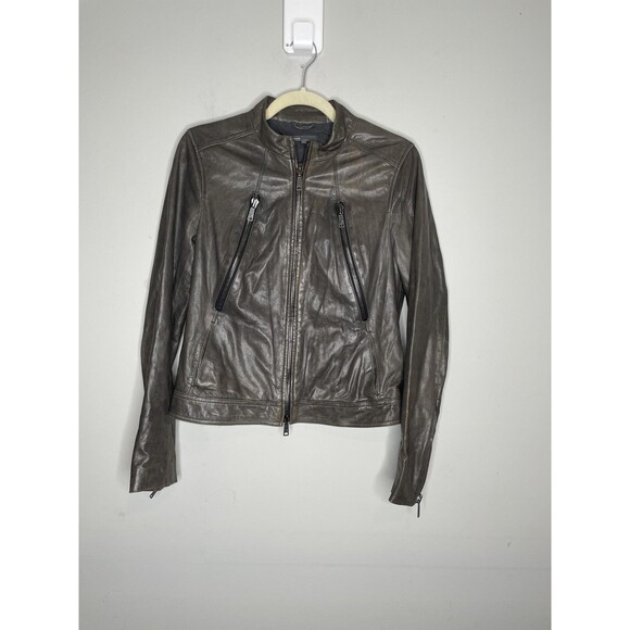 Vince Jacket Womens Medium Brown Leather Moto Zip Pockets Buckle Accent - Picture 1 of 7